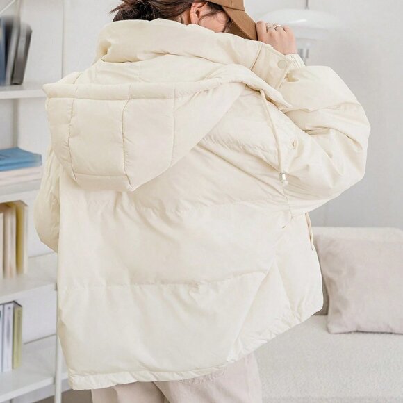 Beige Casual Womens Drawstring Hooded Puffer Coat - Picture 2 of 5